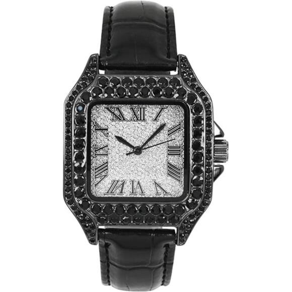NEW Iced Out Black Leather Watch - Picture 5 of 5